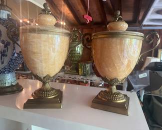Alabaster/Onyx (?) and Brass Urns