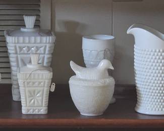 milk glass, white glass, vases, pitcher goblet etc