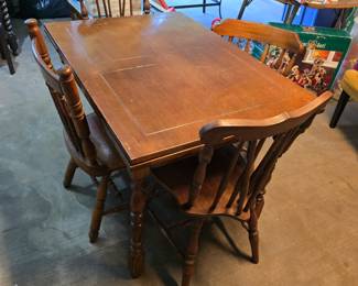 antique draw-leaf table, 2 matching wood chairs and 2 occasional chairs.  