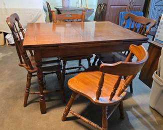 antique draw-leaf table, 2 matching wood chairs and 2 occasional chairs.  