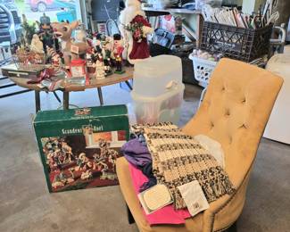 upholstered chair, Christmas supplies, etc