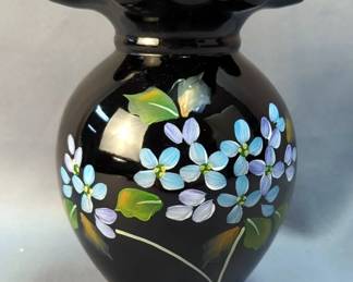 Fenton Black Floral Hand-Painted Vase