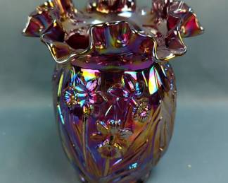 Carnival Glass Vase with Floral Design, 8" Tall