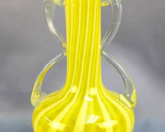 Striped Yellow and White Art Glass Vase with Clear Handles