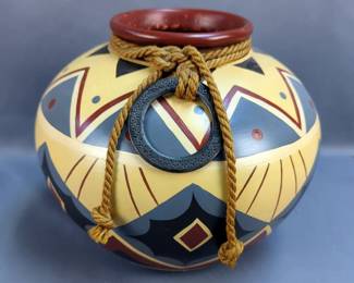 Native American Inspired Painted Clay Pot with Geometric Design