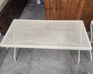 Heavy outdoor furniture including coffee table, 2 side tables, 2 c-spring chairs, extra large tea cart and console table.