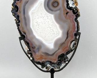 Brazilian Banded Agate Slice On Metal Display Stand, 13.25" Tall