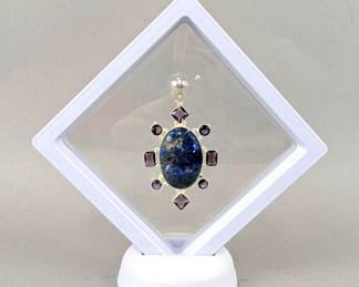 Sterling Silver And Polished Sodalite Pendant With Amethyst Gemstones In Floating Display Case, 925 Silver