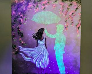 Lorrie Dale Bridges 'Rain Or Shine' UV Light Reactive Art Print With Phosphorescent Paint On Canvas, Artist Signed "LDale", Includes Blacklight, 12" x 9"