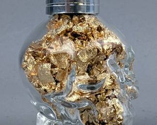 24K Yellow Gold Flakes In Skull Shaped Glass Bottle, 2.75" x 2.25"