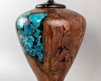 Handmade Polished Cherry Burl Wood Urn With Blue Opal Inlay And Smoky Quartz Crystal Top, 10.5" Tall