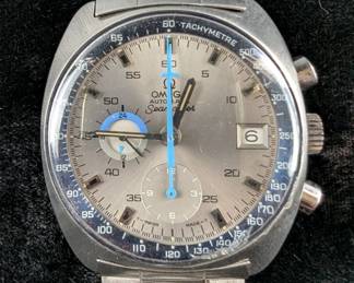 Vintage Omega Seamaster Swiss Chronograph Watch With Blue And Silver Dial On Steel Band
