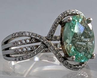 Sterling Silver Ocean Green Spinel And Diamond Ring, Marked "GHJ", 925 Silver, Size 8