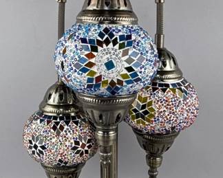 Turkish Mosaic Bronze Finish Table Lamp With 3 Hanging Globes, 22.25" Tall