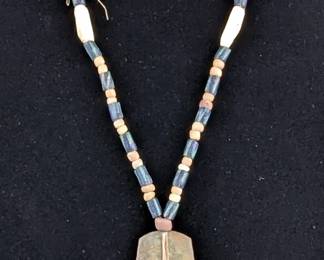 Native American Indian Beaded Stone Gorget And Sinew Necklace