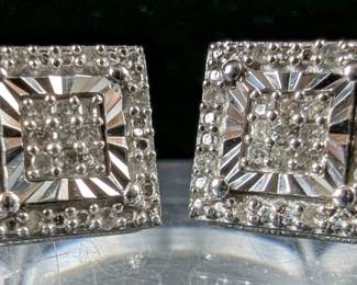 Pave Sterling Silver And Diamond Gemstone Stud Earrings, 925 Silver, Marked "SK9"