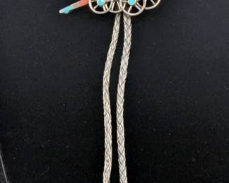 Mother Of Pearl, Turquoise, And Red Coral Covered Wagon Bolo Tie
