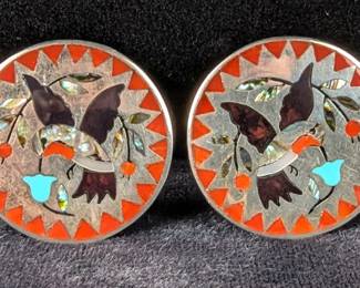 Polished Turquoise, Red Coral, Abalone Shell, And Mother Of Pearl Hummingbird Clip On Earrings, Marked "Dennis Nancy Edaakie"