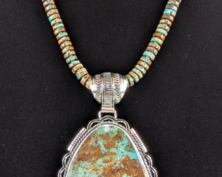 Large Kingman Turquoise and Sterling Silver Statement Pendant On 10mm Kingman Turquoise Heishi Disc Bead Necklace, Artist Signed "J-Paul", 925 Silver, Pendant Measures 3.5" x 2.75", Necklace Measures 18"