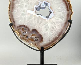 Brazilian Banded Agate Slice On Metal Display Stand, 12.25" Tall