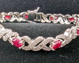 5ct Ruby And Diamond Accent Bracelet, Likely Sterling Silver, 8"