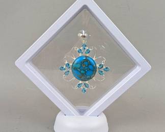 Sterling Silver And Polished Turquoise Pendant In Floating Display Case, 925 Silver