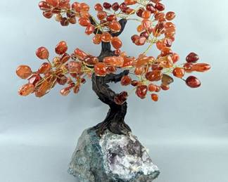 Polished Carnelian Agate Gemstone Tree On Amethyst Geode Base, 178 Stones, 16" Tall