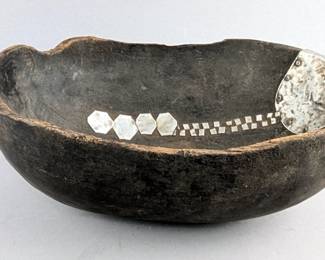 Rare Mid-20th Century Hand-Carved Tutsi Wooden Bowl with Tin Repairs, 12" x 7.5"