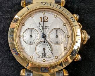 Cartier Pasha Chronograph Guilloche Dial 18K Gold Large Automatic Watch With Leather Strap On Deployment Clasp, 391823MG, 2111