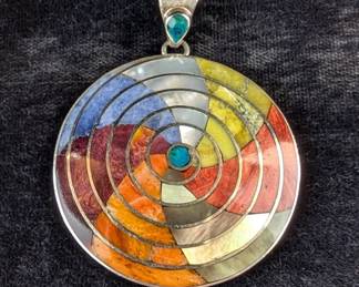 950 Silver And Polished Multi Stone Swirl Design Pendant, 8 Different Stones