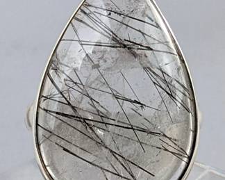 Sterling Silver And Tourmalinated Quartz Cabochon Ring, 925 Silver, Size 9