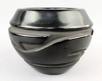 Santa Clara Blackware Pottery Vase, Marked, 4" Tall x 5.75" Wide