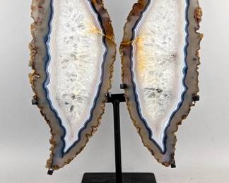 Brazilian Banded Agate Slice Wing Display On Metal Stand, 16.5" Tall