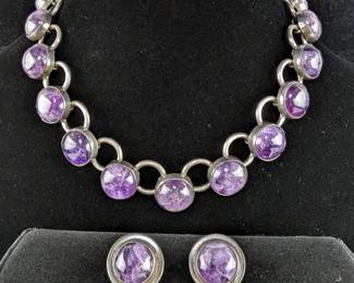 Sterling Silver And Polished Amethyst Necklace, 18 Stones, And Screwback Clip On Earrings, 925 Silver, Necklace Measures 15.75"