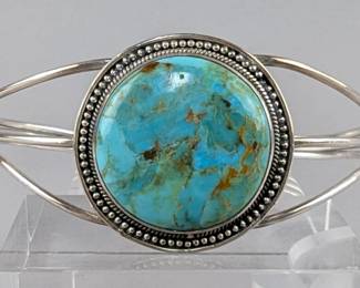 Sterling Silver And Polished Turquoise Bangle Bracelet, 925 Silver