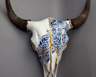 Isabella Mayo Hand Painted Complete American Buffalo/Bison Skull With 24K Gold Leaf Embellishment, Artist Signed "I. Mayo"