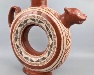 olychrome Animal Head Ring Shaped Pottery Pitcher, Artist Signed, 10.75" Tall x 11.5" Wide