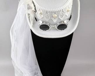 Steampunk Top Hat With Goggles, Feathers Decorations, And Lace Patterns, 6.25" Tall x 12.5" Long x 10.25" Wide