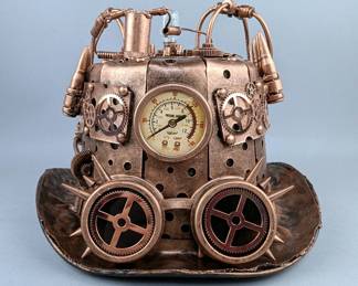 Copper Finish Steampunk Top Hat With Goggles And Mechanical Design, 8.25" Tall x 12" Long x 10.5" Wide