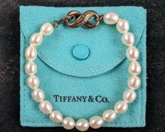 Tiffany & Co. Sterling Silver And 7-8mm White Pearl Bracelet, 925 Silver, 20 Pearls, Includes Tiffany & Co. Pouch