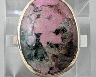 Sterling Silver And Rhodonite Cabochon Ring, 925 Silver, Size 10
