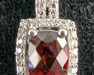 14K White Gold Garnet And Diamond Pendant