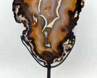 Brazilian Banded Agate Slice On Metal Display Stand, 12.75" Tall