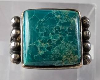 Polished Turquoise Ring, Signed, Likely 925 Sterling Silver, Size 8