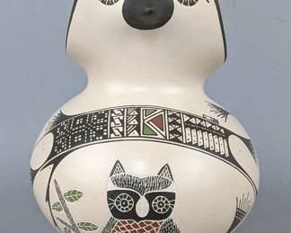 Engraved Owl Pottery Vase With Owl Face, Artist Signed "Angela Corona", 6.25" Tall x 5" Wide