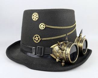 Steampunk Top Hat With Goggles And Metal Accents, 6.25" Tall x 12" Long x 10.5" Wide
