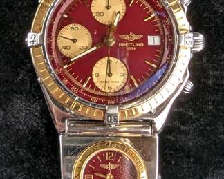 Breitling Chronomat Red Dial 18K Yellow Gold And Steel Two-Tone Chronograph Watch On Buller Band With Gold Subdials And UTC, 119801, D13048