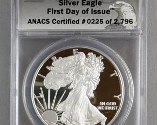2019-W 1oz. ANACS - PR70 DCAM $1 Silver Eagle Coin, #225 Of 2,796, First Day Of Issue, In Wood Display Box With Certificate Of Authenticity