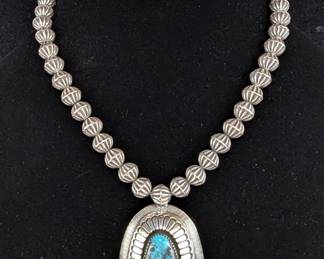 Polished Turquoise Necklace, Artist Signed "Bessie Yazzie", Likely 925 Sterling Silver, 17"