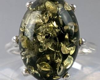 Sterling Silver And Green Baltic Amber Ring, 925 Silver, Size 7